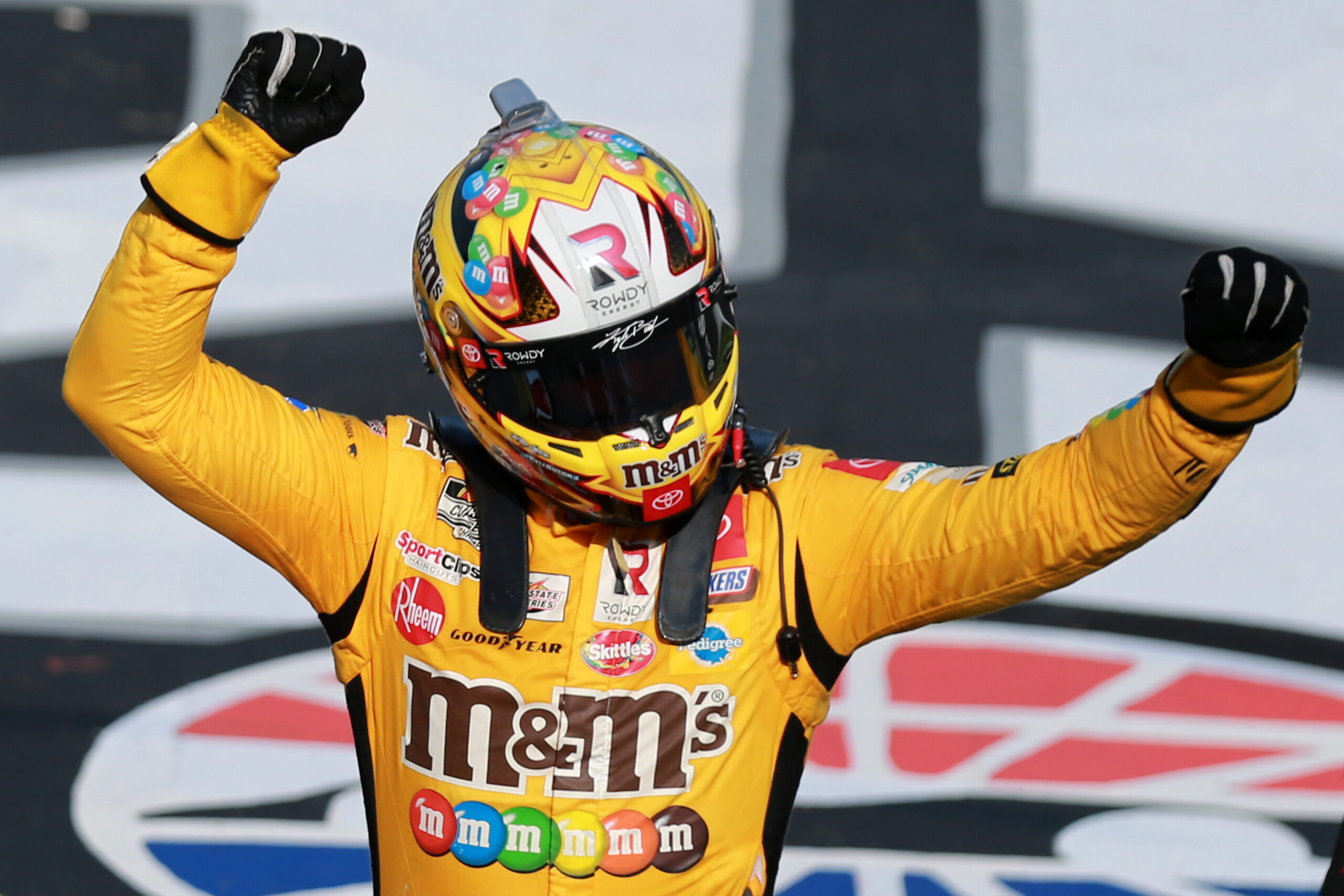 FORT WORTH, TEXAS - JUNE 12: Kyle Busch, driver of the #54 Twix Toyota, celebrates after winning the NASCAR Xfinity Series Alsco Uniforms 250 at Texas Motor Speedway on June 12, 2021 in Fort Worth, Texas. (Photo by Sean Gardner/Getty Images)