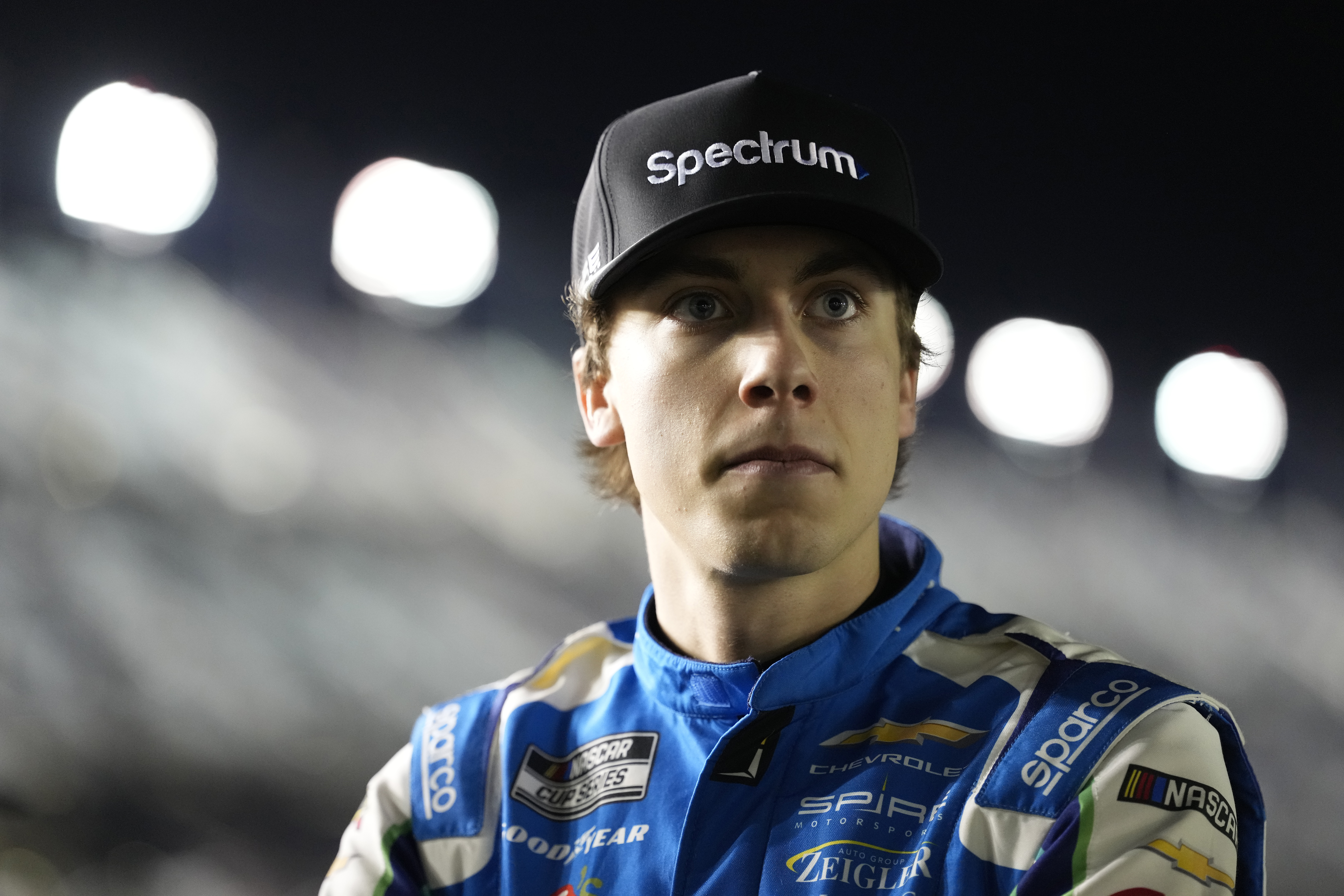DAYTONA BEACH, FLORIDA - FEBRUARY 11: Carson Hocevar, driver of the #77 Spectrum Chevrolet, looks on during qualifying for the NASCAR Cup Series Daytona 500 at Daytona International Speedway on February 11, 2026 in Daytona Beach, Florida.
