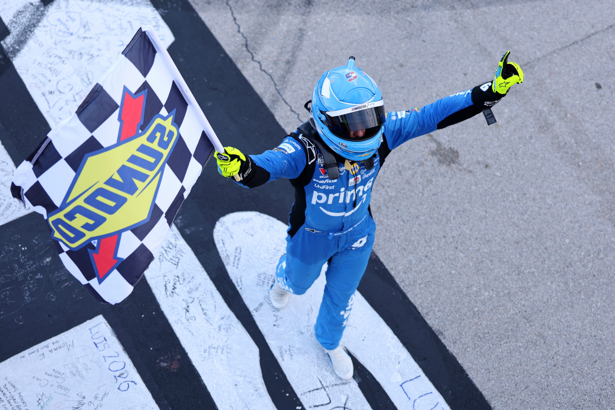 FORT WORTH, TEXAS - MAY 03: Chase Elliott, driver of the #9 Amazon Prime Chevrolet, celebrates after winning the NASCAR Cup Series Würth 400 presented by LIQUI MOLY at Texas Motor Speedway on May 03, 2026 in Fort Worth, Texas.