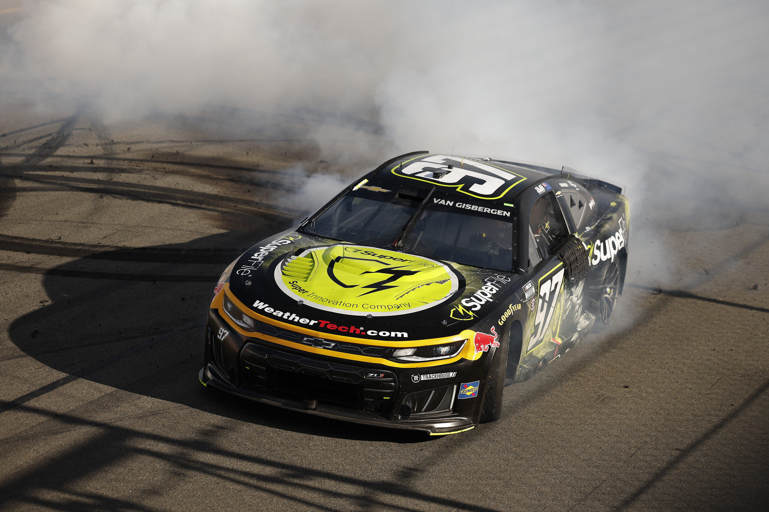 WATKINS GLEN, NEW YORK - MAY 10: Shane Van Gisbergen, driver of the #97 Superfile Chevrolet, celebrates with a burnout after winning the NASCAR Cup Series Go Bowling at The Glen at Watkins Glen International on May 10, 2026 in Watkins Glen, New York. (Photo by Sean Gardner/Getty Images)