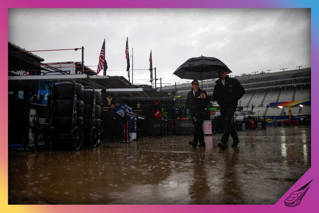 HAMPTON, GEORGIA - FEBRUARY 21: A general view of the rain-soaked garage area canceling qualifying for the NASCAR Cup Series Autotrader 400 at Echo Park Speedway on February 21, 2026 in Hampton, Georgia. (Photo by Sean Gardner/Getty Images)