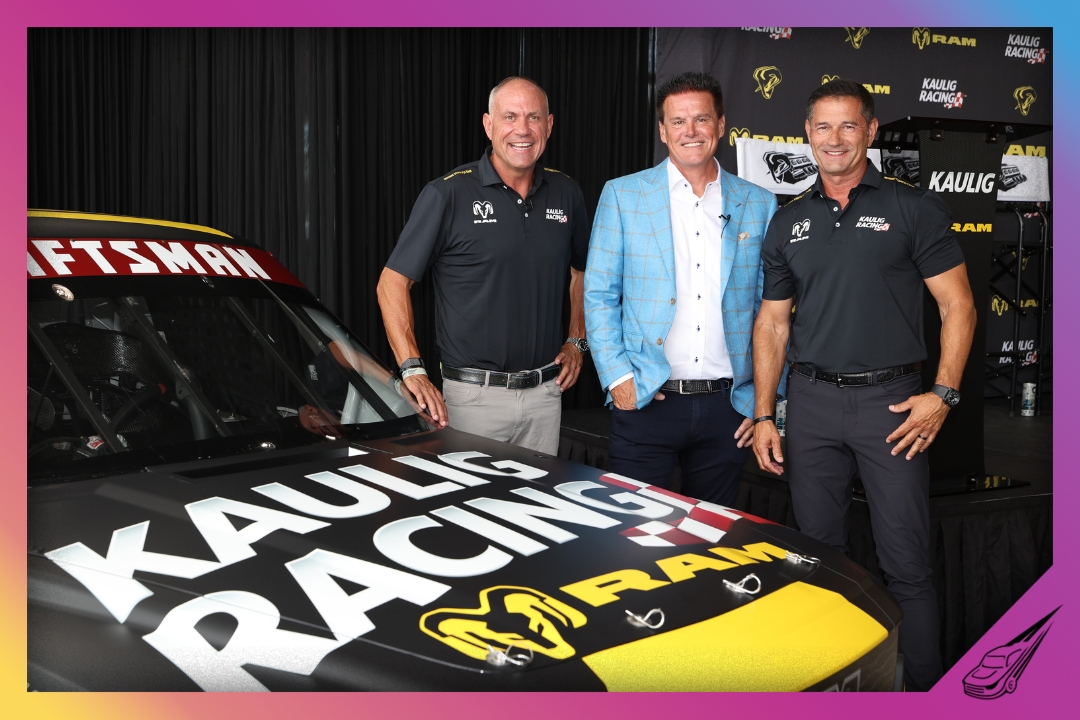 DAYTONA BEACH, FLORIDA - AUGUST 23: Executives from Kaulig Racing pose alongside the #10 Kaulig Racing Ram truck to run in the 2026 season during a press conference at the Daytona Dodge Chrysler Jeep Ram dealership prior to the NASCAR Cup Series Coke Zero Sugar 400 at Daytona International Speedway on August 23, 2025 in Daytona Beach, Florida. (Photo by James Gilbert/Getty Images)
