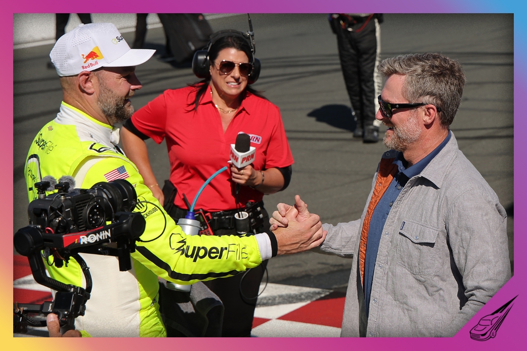 SONOMA, CALIFORNIA - JUNE 27: NASCAR Hall of Famer and JR Motorsports team owner, Dale Earnhardt Jr. congratulates Shane Van Gisbergen, driver of the #9 SuperFile Chevrolet, winning the NASCAR O'Reilly Auto Parts Series Pit Boss/FoodMaxx 250 at Sonoma Raceway on June 27, 2026 in Sonoma, California. (Photo by Jonathan Bachman/Getty Images)