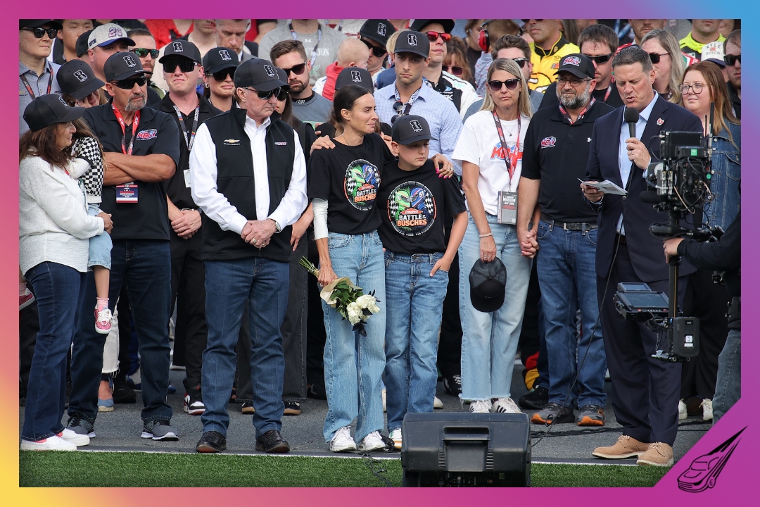CONCORD, NORTH CAROLINA - MAY 24: (L-R) NASCAR Hall of Famer and RCR team owner, Richard Childress, Samantha Busch (wife) Brexton Busch (son) and NASCAR Chief Executive Officer Steve O’Donnell at the remembrance ceremony for Kyle Busch, who passed away suddenly at the age of 41, on the grid prior to the NASCAR Cup Series Coca-Cola 600 at Charlotte Motor Speedway on May 24, 2026 in Concord, North Carolina. (Photo by Jonathan Bachman/Getty Images)