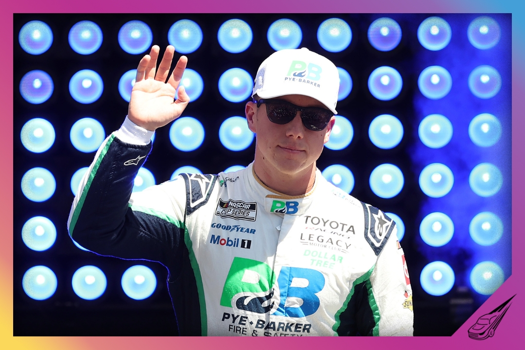 BROOKLYN, MICHIGAN - JUNE 07: John H. Nemechek, driver of the #42 Pye-Barker Fire & Safety Toyota, waves to fans as he walks onstage during driver intros prior to the NASCAR Cup Series FireKeepers Casino 400 at Michigan International Speedway on June 07, 2026 in Brooklyn, Michigan. (Photo by Brett Farmer/Getty Images)