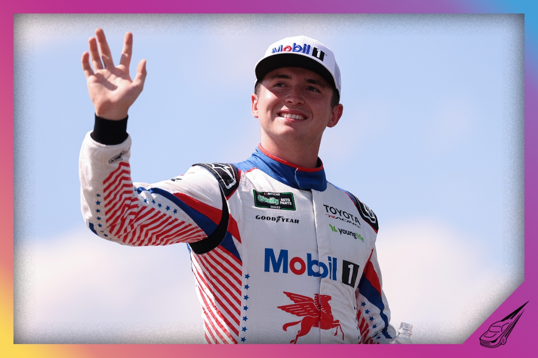 LONG POND, PENNSYLVANIA - JUNE 13: Brent Crews, driver of the #19 Mobil 1 Toyota, waves to fans as he walks onstage during driver intros prior to the NASCAR O'Reilly Auto Parts Series MillerTech Battery 250 presented by KOA at Pocono Raceway on June 13, 2026 in Long Pond, Pennsylvania. (Photo by David Jensen/Getty Images)