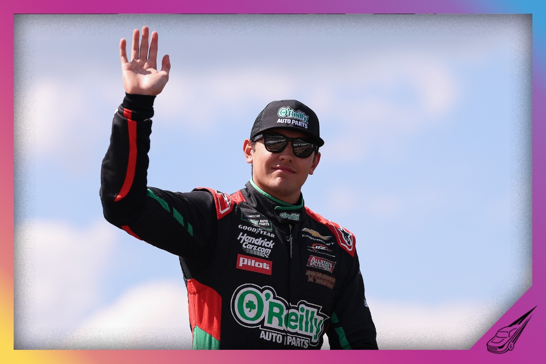 LONG POND, PENNSYLVANIA - JUNE 13: Sammy Smith, driver of the #8 O'Reilly Auto Parts Chevrolet, waves to fans as he walks onstage during driver intros prior to the NASCAR O'Reilly Auto Parts Series MillerTech Battery 250 presented by KOA at Pocono Raceway on June 13, 2026 in Long Pond, Pennsylvania. (Photo by David Jensen/Getty Images)