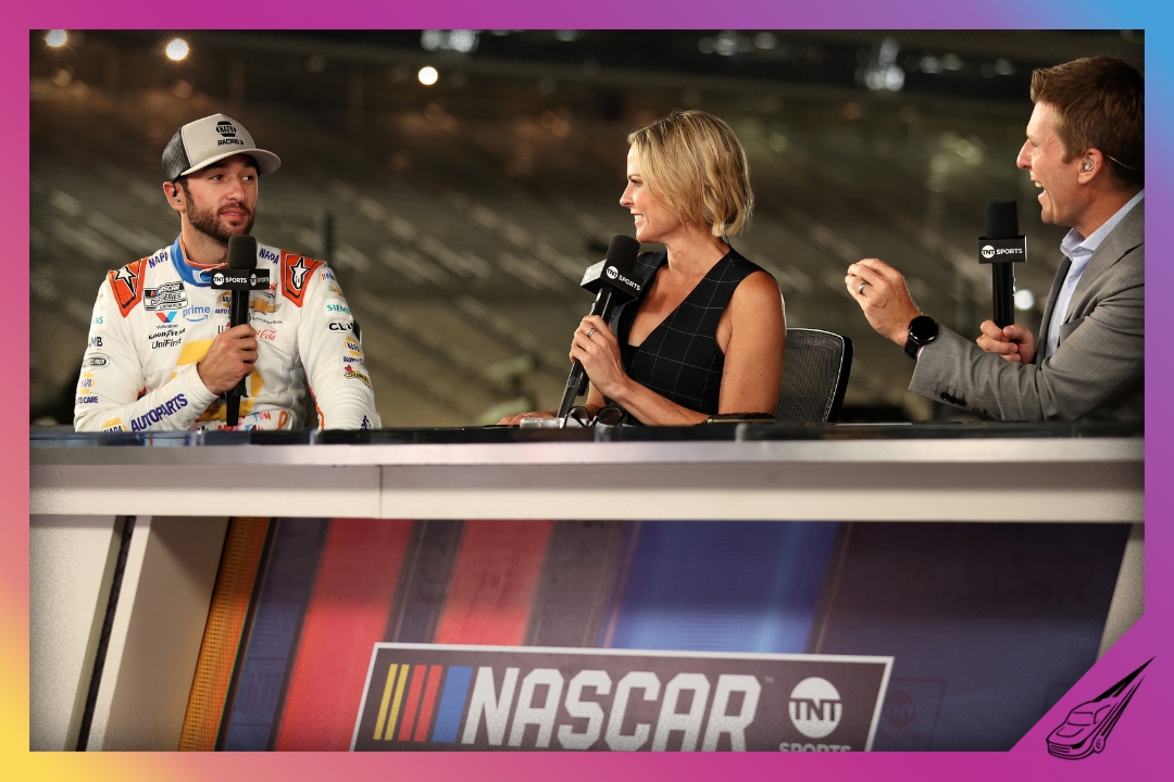 HAMPTON, GEORGIA - JUNE 28: Chase Elliott, driver of the #9 NAPA/Children's Chevrolet, is interviewed on the set of NASCAR on TNT Sports after winning the NASCAR Cup Series Quaker State 400 Available at Walmart at Echo Park Speedway on June 28, 2025 in Hampton, Georgia. (Photo by Krista Jasso/Getty Images)