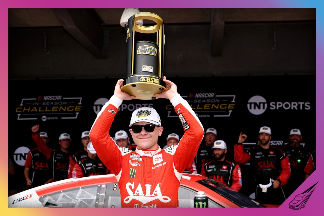 NDIANAPOLIS, INDIANA - JULY 27: Ty Gibbs, driver of the #54 SAIA LTL Freight Toyota, celebrates winning the inaugural In-Season Challenge in victory lane after the NASCAR Cup Series Brickyard 400 Presented by PPG at Indianapolis Motor Speedway on July 27, 2025 in Indianapolis, Indiana. (Photo by James Gilbert/Getty Images)
