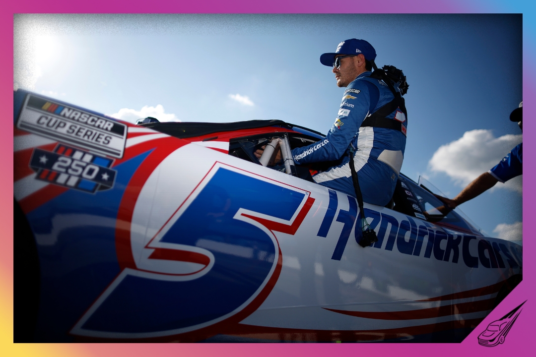 BROOKLYN, MICHIGAN - JUNE 06: Kyle Larson, driver of the #5 HendrickCars.com Chevrolet, enters his car during qualifying for the NASCAR Cup Series FireKeepers Casino 400 at Michigan International Speedway on June 06, 2026 in Brooklyn, Michigan. (Photo by Sean Gardner/Getty Images)