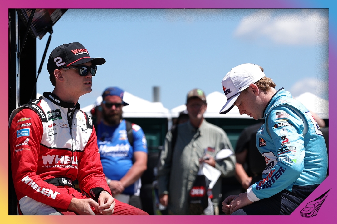LONG POND, PENNSYLVANIA - JUNE 13: Jesse Love, driver of the #2 Whelen Chevrolet, (L) and Connor Zilisch, driver of the #1 Roto-Rooter Chevrolet, wait on the grid during qualifying for the NASCAR O'Reilly Auto Parts Series MillerTech Battery 250 presented by KOA at Pocono Raceway on June 13, 2026 in Long Pond, Pennsylvania. (Photo by David Jensen/Getty Images)