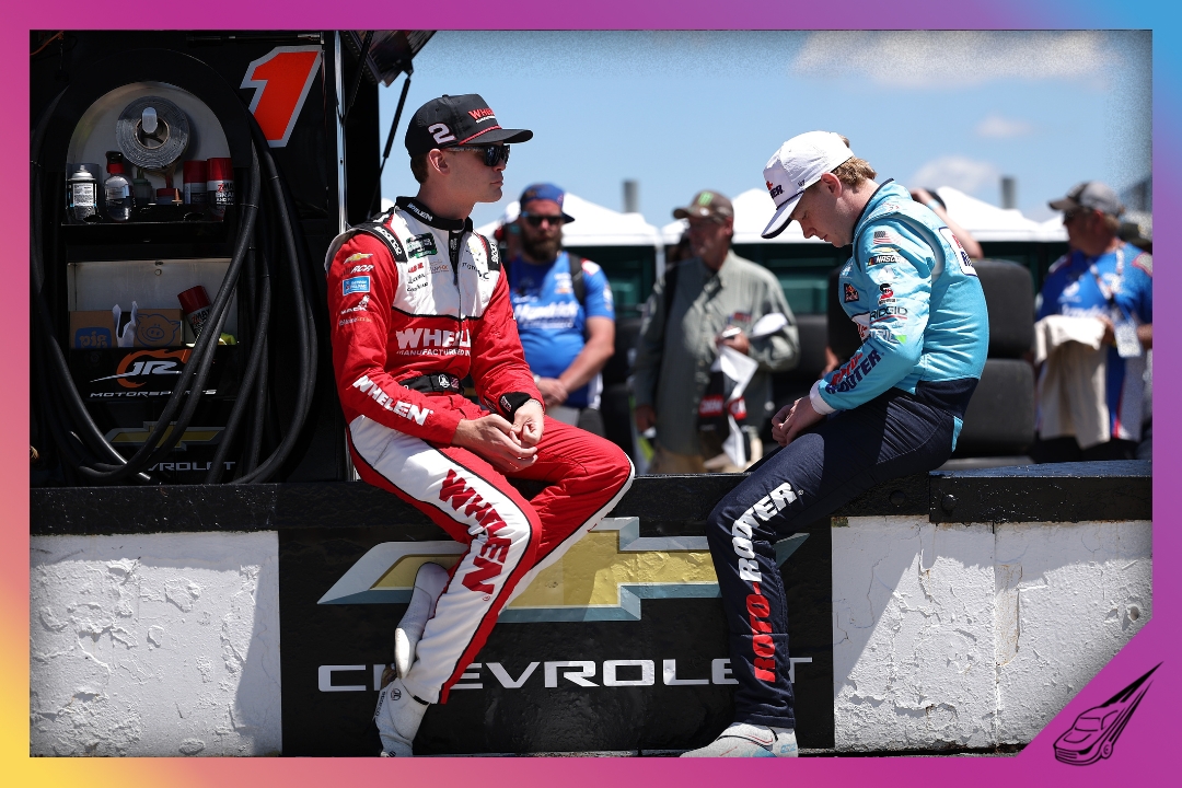 LONG POND, PENNSYLVANIA - JUNE 13: Jesse Love, driver of the #2 Whelen Chevrolet, (L) and Connor Zilisch, driver of the #1 Roto-Rooter Chevrolet, wait on the grid during qualifying for the NASCAR O'Reilly Auto Parts Series MillerTech Battery 250 presented by KOA at Pocono Raceway on June 13, 2026 in Long Pond, Pennsylvania. (Photo by David Jensen/Getty Images)