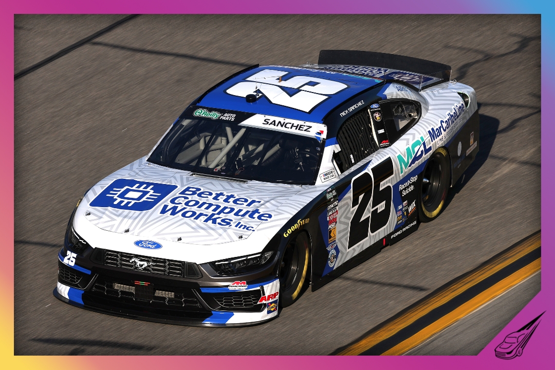 DAYTONA BEACH, FLORIDA - FEBRUARY 13: Nick Sanchez, driver of the #25 Better Compute Works Inc Ford, drives drives during practice for the NASCAR O'Reilly Auto Parts Series United Rentals 300 at Daytona International Speedway on February 13, 2026 in Daytona Beach, Florida. (Photo by Chris Graythen/Getty Images)