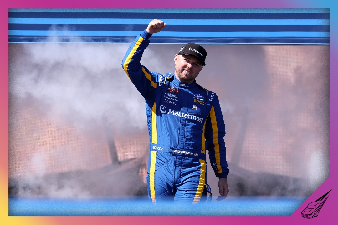 SAN DIEGO, CALIFORNIA - JUNE 19: Layne Riggs, driver of the #34 Mattermost Ford, waves to fans as he walks onstage during driver intros prior to the NASCAR Craftsman Truck Series Navy 250 at Naval Base Coronado on June 19, 2026 in San Diego, California. (Photo by David Jensen/Getty Images)
