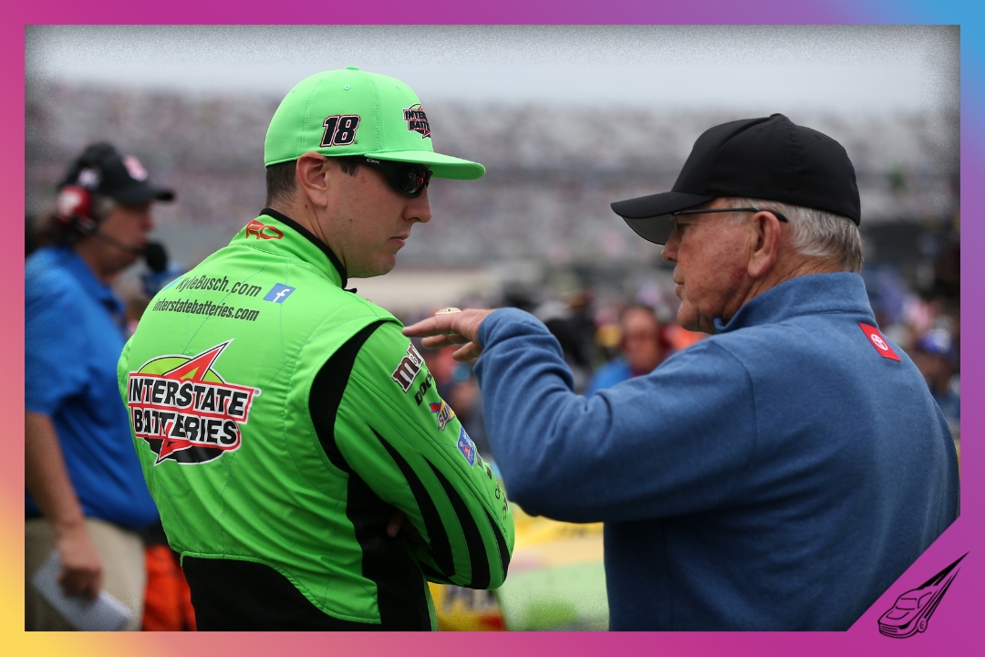 DOVER, DELAWARE - OCTOBER 06: Kyle Busch, driver of the #18 Interstate Batteries Toyota, talks with team owner, Joe Gibbs, prior to the start of the Monster Energy NASCAR Cup Series Drydene 400 at Dover International Speedway on October 06, 2019 in Dover, Delaware. (Photo by Matt Sullivan/Getty Images)