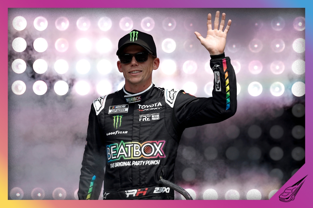 TALLADEGA, ALABAMA - APRIL 26: Riley Herbst, driver of the #35 BeatBox Toyota, waves to fans as he walks onstage during driver intros prior to the NASCAR Cup Series Jack Link's 500 at Talladega Superspeedway on April 26, 2026 in Talladega, Alabama. (Photo by Sean Gardner/Getty Images)