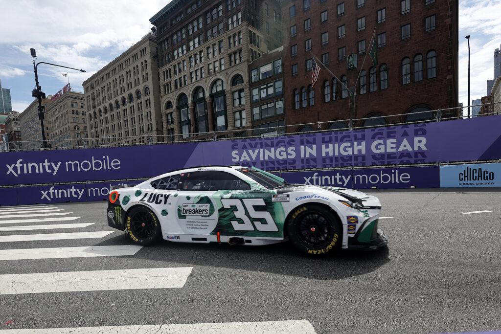 CHICAGO, ILLINOIS - JULY 06: Riley Herbst, driver of the #35 Lucy Toyota, drives during the NASCAR Cup Series Grant Park 165 at Chicago Street Course on July 06, 2025 in Chicago, Illinois. (Photo by Logan Riely/Getty Images)