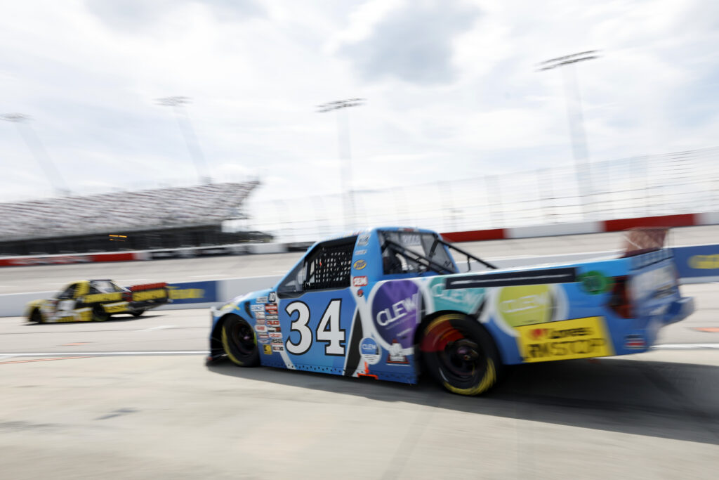 DARLINGTON, SOUTH CAROLINA - AUGUST 30: Layne Riggs, driver of the #34 Clew Ford, exits pit road during the NASCAR Craftsman Truck Series Sober or Slammer 200 at Darlington Raceway on August 30, 2025 in Darlington, South Carolina. (Photo by Logan Riely/Getty Images)