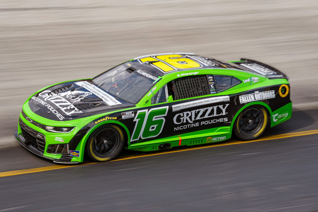 BRISTOL, TENNESSEE - APRIL 11: AJ Allmendinger, driver of the #16 Grizzly Nicotine Pouches Chevrolet, drives during practice for the NASCAR Cup Series Food City 500 at Bristol Motor Speedway on April 11, 2026 in Bristol, Tennessee. (Photo by Matt Kelley/Getty Images)