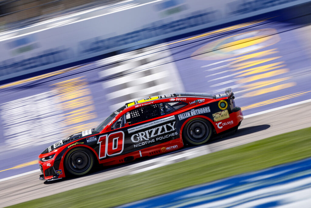 KANSAS CITY, KANSAS - APRIL 18: Ty Dillon, driver of the #10 Grizzly Nicotine Pouches Chevrolet, drives during practice for the NASCAR Cup Series AdventHealth 400 at Kansas Speedway on April 18, 2026 in Kansas City, Kansas. (Photo by Sean Gardner/Getty Images)