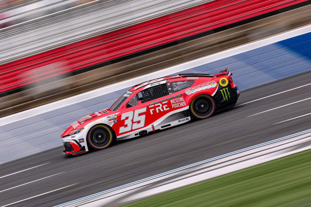 CONCORD, NORTH CAROLINA - MAY 23: Riley Herbst, driver of the #35 FRE Nicotine Pouches Toyota, drives during practice for the NASCAR Cup Series Coca-Cola 600 at Charlotte Motor Speedway on May 23, 2026 in Concord, North Carolina. (Photo by David Jensen/Getty Images)