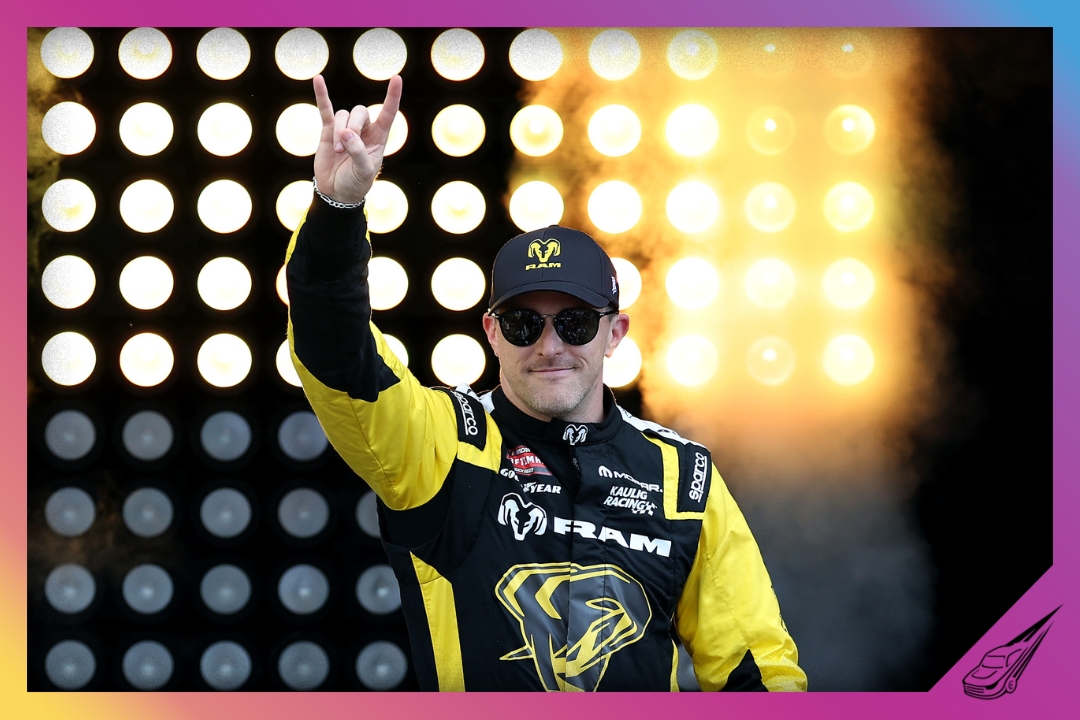 BROOKLYN, MICHIGAN - JUNE 06: Parker Kligerman, driver of the #25 Ram RAM, waves to fans as he walks onstage during driver intros prior to the NASCAR Craftsman Truck Series DQS Solutions & Staffing 250 presented by Precision Vehicle Logistics at Michigan International Speedway on June 06, 2026 in Brooklyn, Michigan. (Photo by Brett Farmer/Getty Images)