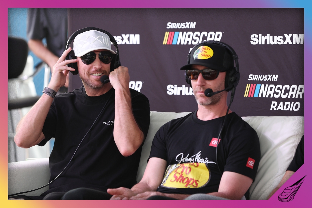 DAYTONA BEACH, FLORIDA - FEBRUARY 13: (L-R) Denny Hamlin and Cole Pearn speak onstage as SiriusXM and Dirty Mo Media broadcast from Daytona Speedway for the 2025 Daytona 500 on February 13, 2025 in Daytona Beach, Florida. (Photo by Meg Oliphant/Getty Images for SiriusXM)