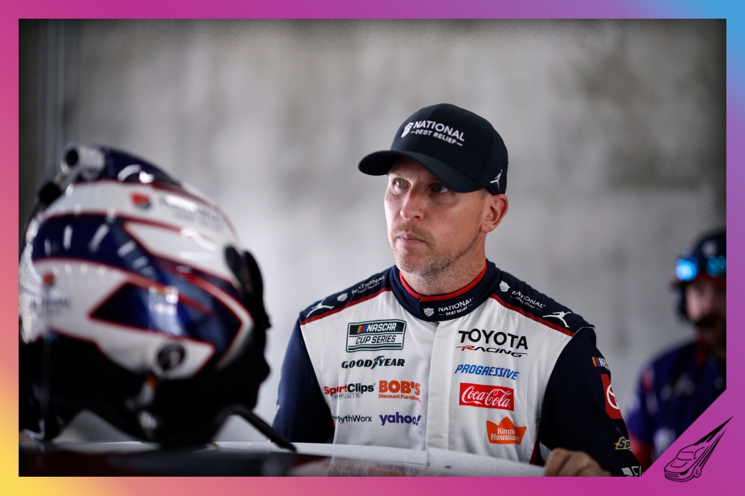 INDIANAPOLIS, INDIANA - JULY 24: Denny Hamlin, driver of the #11 National Debt Relief Toyota, looks on in the garage area during practice for the NASCAR Cup Series Brickyard 400 at Indianapolis Motor Speedway on July 24, 2026 in Indianapolis, Indiana. (Photo by Sean Gardner/Getty Images)