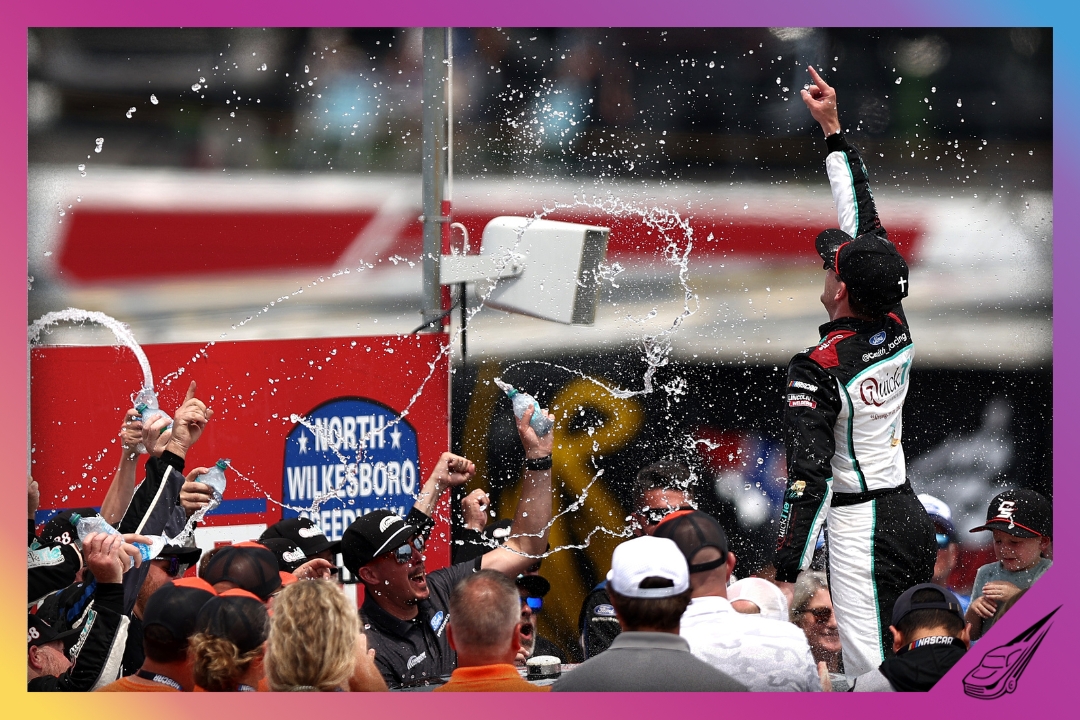 NORTH WILKESBORO, NORTH CAROLINA - JULY 18: Chandler Smith, driver of the #38 QuickTie Ford, celebrates in victory lane after winning the NASCAR Craftsman Truck Series Faith Fest 250 at North Wilkesboro Speedway on July 18, 2026 in North Wilkesboro, North Carolina. (Photo by Meg Oliphant/Getty Images)