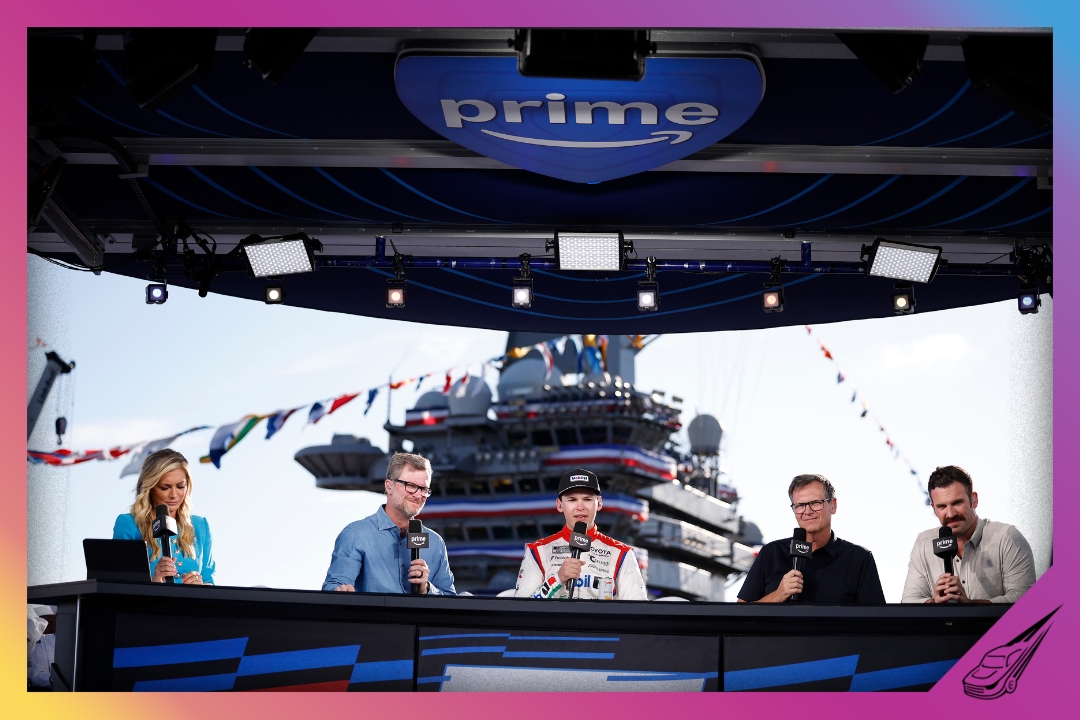 SAN DIEGO, CALIFORNIA - JUNE 21: Corey Heim, driver of the #67 Mobil 1/O'Reilly Auto Parts Toyota, (C) speaks to NASCAR on Prime analysts Dale Earnhardt Jr. (L) and Steve Letarte on the set of NASCAR on Prime Video after winning the NASCAR Cup Series Anduril 250 at Naval Base Coronado on June 21, 2026 in San Diego, California. (Photo by Sean Gardner/Getty Images)