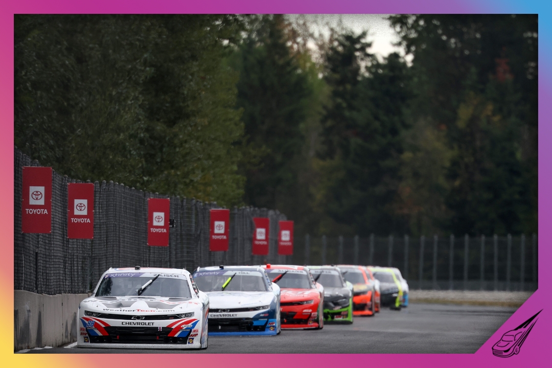 PORTLAND, OREGON - AUGUST 30: Connor Zilisch, driver of the #88 WeatherTech Chevrolet, leads the field during the NASCAR Xfinity Series Pacific Office Automation 147 at Portland International Raceway on August 30, 2025 in Portland, Oregon. (Photo by David Jensen/Getty Images)