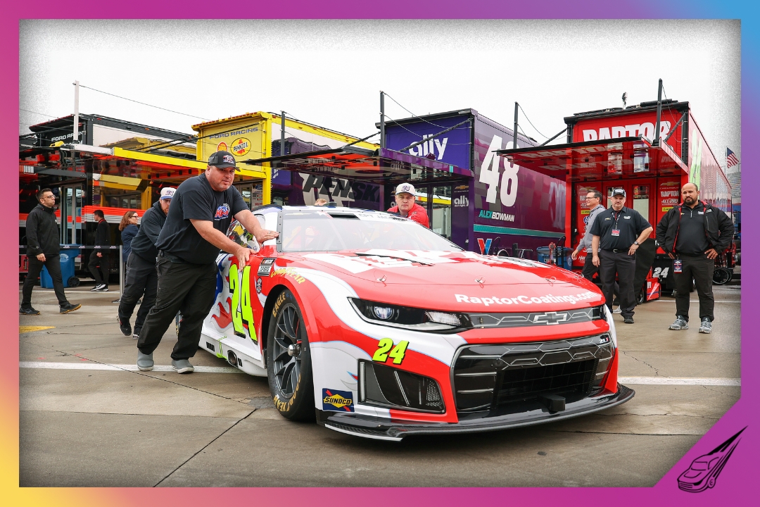 CONCORD, NORTH CAROLINA - MAY 23: Crew chief Rudy Fugle and crew push the #24 Raptor Chevrolet, driven by William Byron through the garage area prior to practice for the NASCAR Cup Series Coca-Cola 600 at Charlotte Motor Speedway on May 23, 2026 in Concord, North Carolina. (Photo by David Jensen/Getty Images)