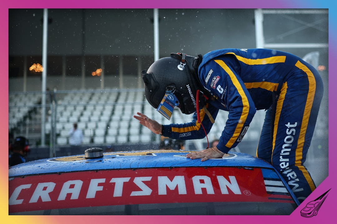 SAN DIEGO, CALIFORNIA - JUNE 19: Layne Riggs, driver of the #34 Mattermost Ford, celebrates after winning the NASCAR Craftsman Truck Series Navy 250 at Naval Base Coronado on June 19, 2026 in San Diego, California. (Photo by Chris Graythen/Getty Images)