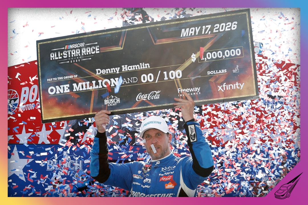 DOVER, DELAWARE - MAY 17: Denny Hamlin, driver of the #11 Progressive Insurance Toyota, poses with the one million dollar check in victory lane after winning the NASCAR Cup Series All-Star Race at Dover Motor Speedway on May 17, 2026 in Dover, Delaware. (Photo by Sean Gardner/Getty Images)