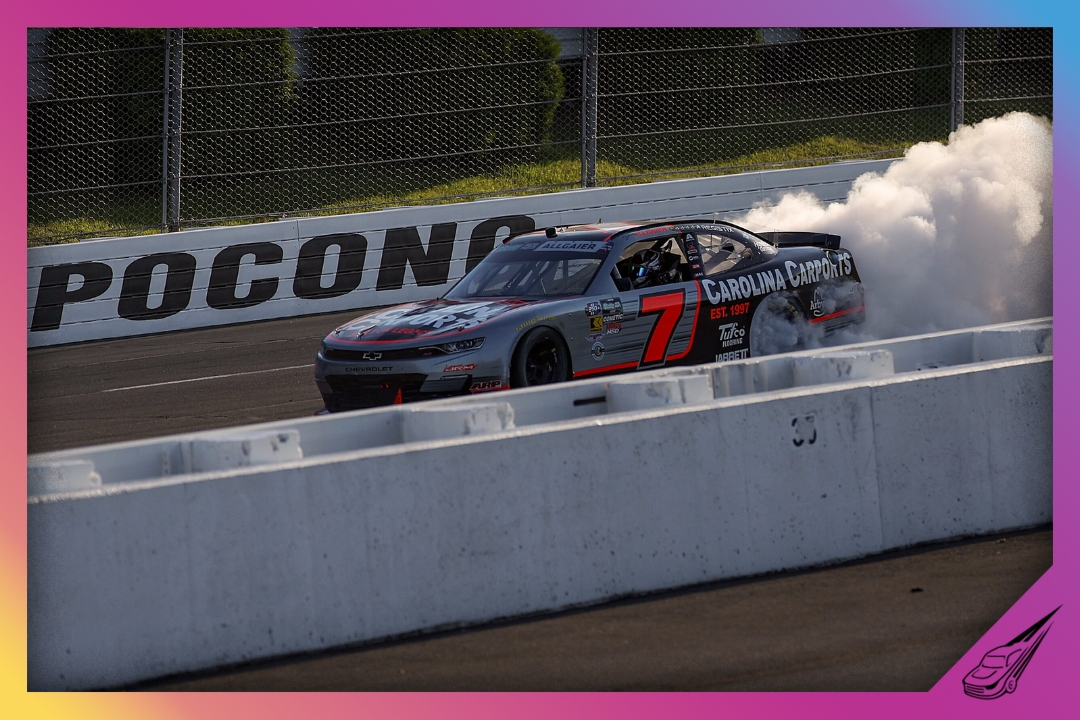 LONG POND, PENNSYLVANIA - JUNE 13: Justin Allgaier, driver of the #7 Carolina Carports Chevrolet, celebrates with a burnout after winning the NASCAR O'Reilly Auto Parts Series MillerTech Battery 250 presented by KOA at Pocono Raceway on June 13, 2026 in Long Pond, Pennsylvania (Photo by James Gilbert/Getty Images)