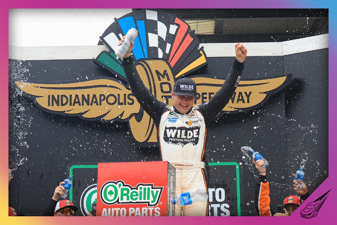 INDIANAPOLIS, INDIANA - JULY 25: Carson Kvapil, driver of the #1 Wilde Protein Crackers Chevrolet, celebrates in victory lane after winning the NASCAR O'Reilly Auto Parts Series Pennzoil 250 Presented by Take 5 Oil Change at Indianapolis Motor Speedway on July 25, 2026 in Indianapolis, Indiana. (Photo by Justin Casterline/Getty Images)