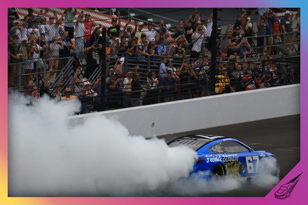 INDIANAPOLIS, INDIANA - JULY 26: Corey Heim, driver of the #67 Field & Stream Toyota, celebrates with a burnout after winning the NASCAR Cup Series Brickyard 400 at Indianapolis Motor Speedway on July 26, 2026 in Indianapolis, Indiana. (Photo by Justin Casterline/Getty Images)