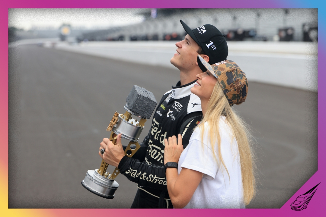 INDIANAPOLIS, INDIANA - JULY 26: Corey Heim, driver of the #67 Field & Stream Toyota, and Taylor Reimer poses for photos at the yard of bricks after winning the NASCAR Cup Series Brickyard 400 at Indianapolis Motor Speedway on July 26, 2026 in Indianapolis, Indiana. (Photo by Justin Casterline/Getty Images)