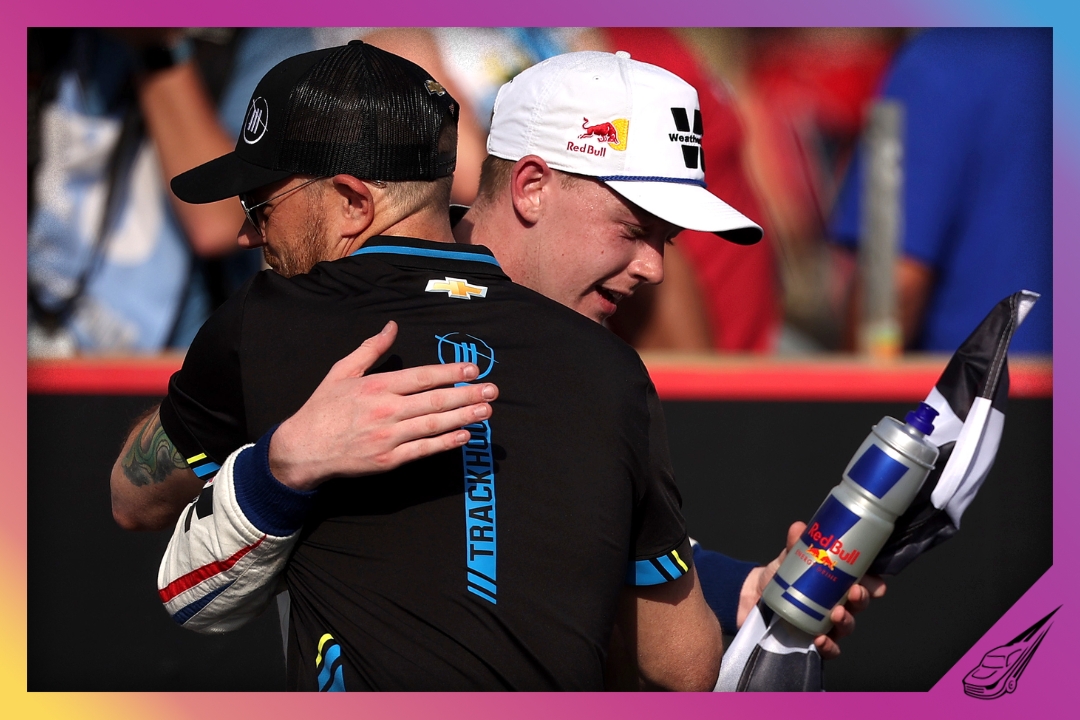AUSTIN, TEXAS - MARCH 01: Connor Zilisch, driver of the #88 WeatherTech Chevrolet, celebrates with his Trackhouse Racing team co-owner Justin Marks after winning the NASCAR Xfinity Series Focused Health 250 at Circuit of The Americas on March 01, 2025 in Austin, Texas. (Photo by James Gilbert/Getty Images)