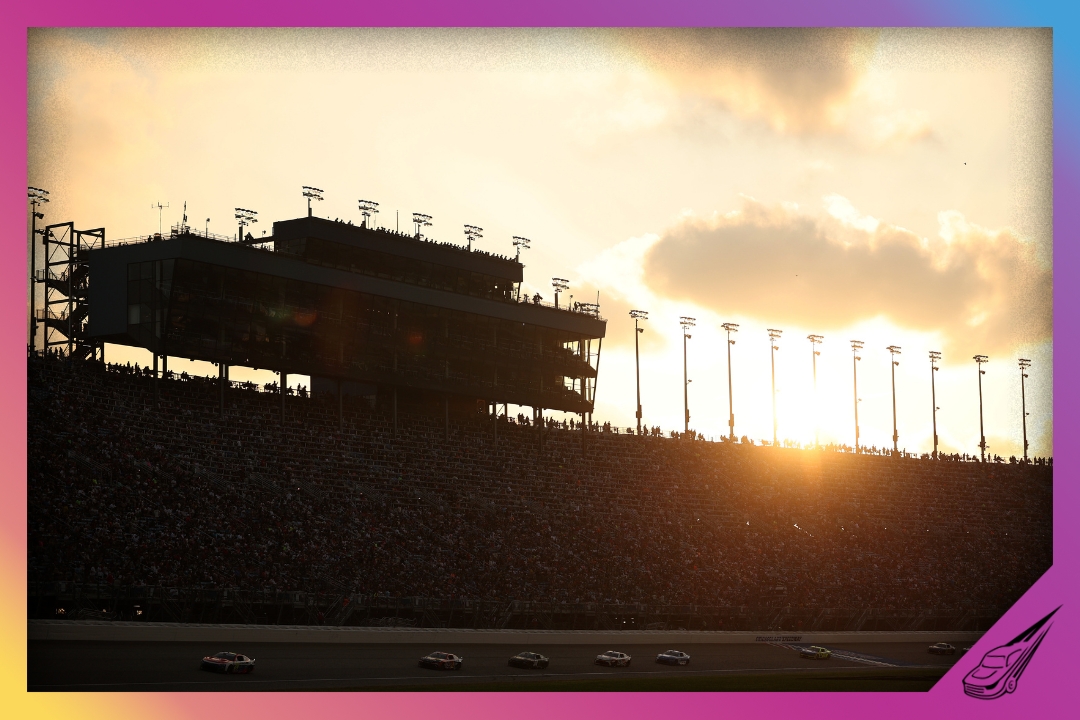 JOLIET, ILLINOIS - JULY 05: A general view of racing as the sun sets during the NASCAR Cup Series eero 400 at Chicagoland Speedway on July 05, 2026 in Joliet, Illinois. (Photo by James Gilbert/Getty Images)