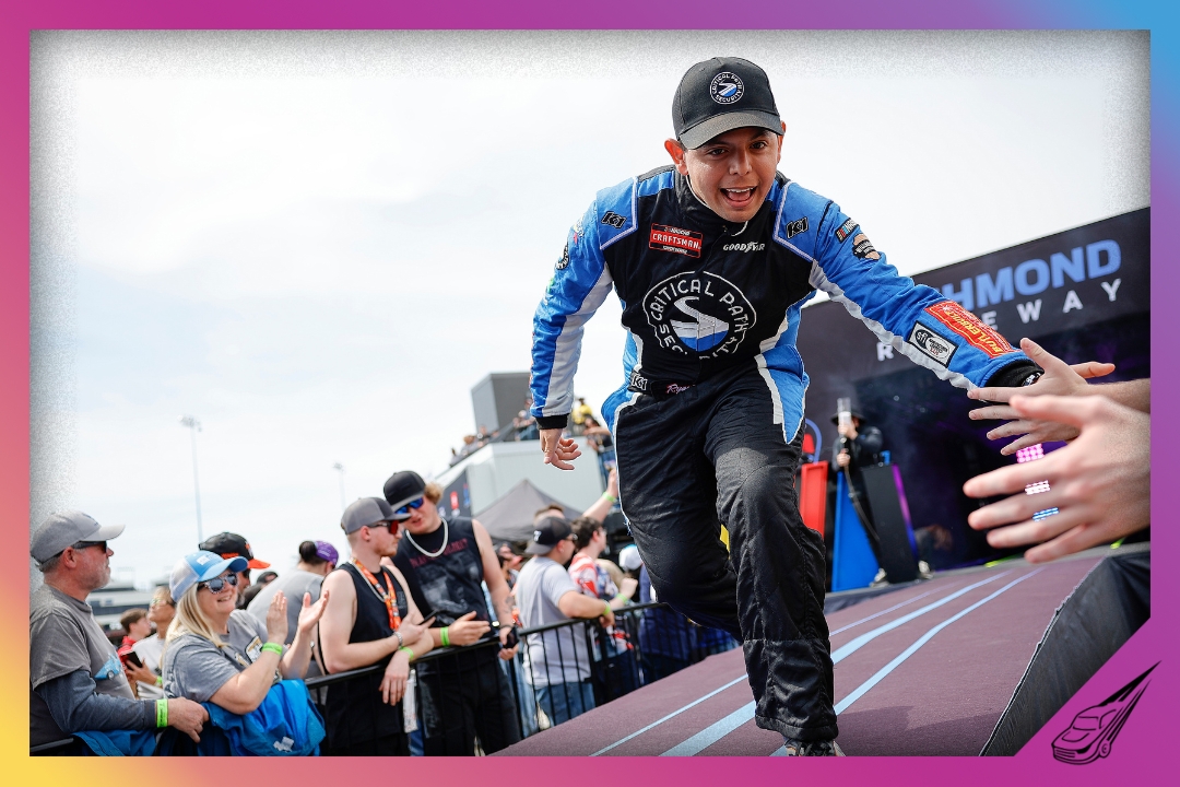 RICHMOND, VIRGINIA - MARCH 30: Ryan Vargas, driver of the #32 Chevrolet, greet fans as he walks onstage during driver intros prior to the NASCAR Xfinity Series ToyotaCare 250 at Richmond Raceway on March 30, 2024 in Richmond, Virginia. (Photo by Alex Slitz/Getty Images)