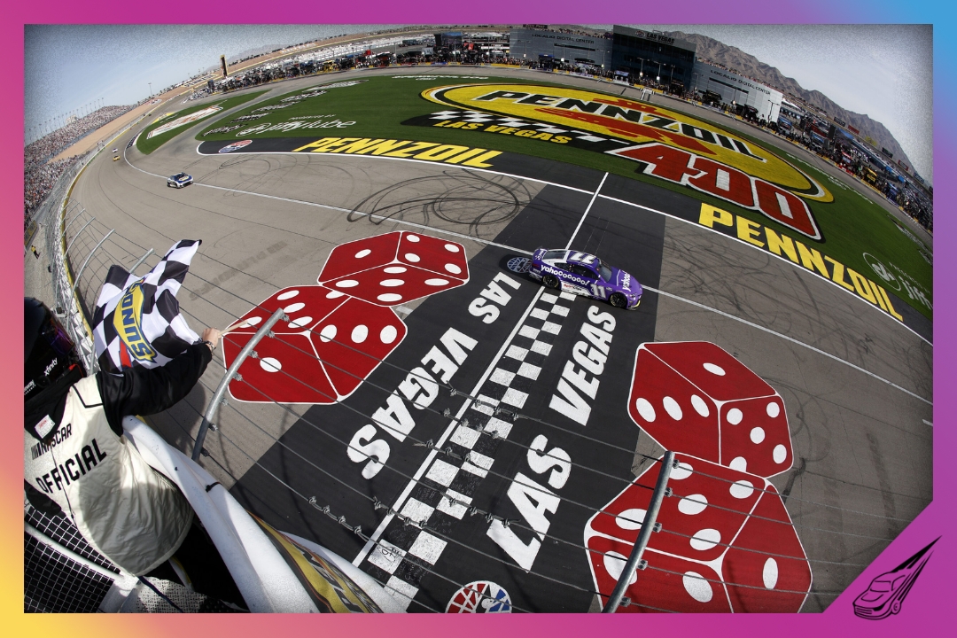 LAS VEGAS, NEVADA - MARCH 15: Denny Hamlin, driver of the #11 Yahoo! Toyota, takes the checkered flag to win the NASCAR Cup Series Pennzoil 400 presented by Jiffy Lube at Las Vegas Motor Speedway on March 15, 2026 in Las Vegas, Nevada. (Photo by Sean Gardner/Getty Images)