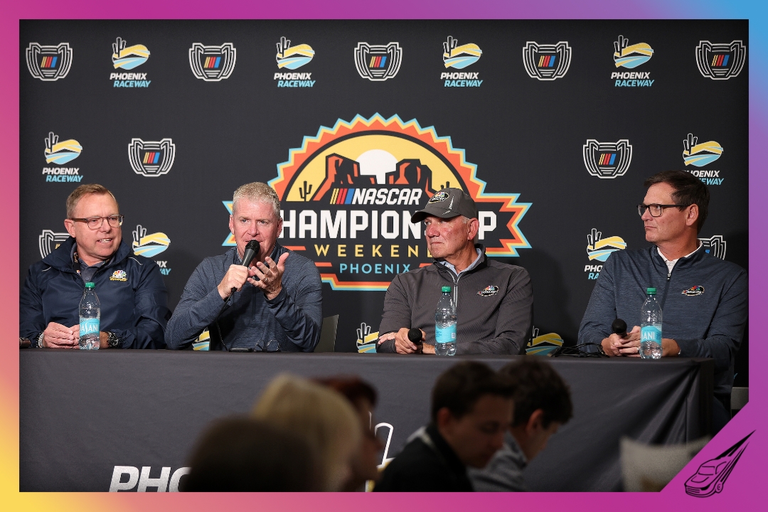 AVONDALE, ARIZONA - NOVEMBER 07: (L-R) NBC broadcast talent, Leigh Diffey, Jeff Burton, Dale Jarrett and Steve Letarte speak to the media during a press conference during the NASCAR Championship 4 Media Day at Phoenix Raceway on November 07, 2024 in Avondale, Arizona. (Photo by Meg Oliphant/Getty Images)
