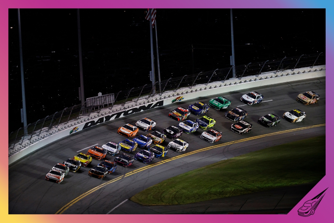 DAYTONA BEACH, FLORIDA - AUGUST 23: Daniel Suarez, driver of the #99 Coca-Cola Chevrolet, leads the field during the NASCAR Cup Series Coke Zero Sugar 400 at Daytona International Speedway on August 23, 2025 in Daytona Beach, Florida. (Photo by Sean Gardner/Getty Images)