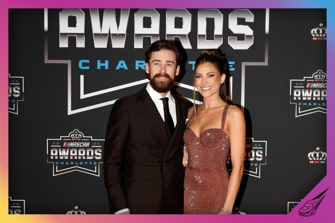 CHARLOTTE, NORTH CAROLINA - NOVEMBER 22: NASCAR Cup Series driver, Ryan Blaney and his fiance Gianna Tulio pose for a photo on the red carpet prior to the NASCAR Awards and Champion Celebration at the Charlotte Convention Center on November 22, 2024 in Charlotte, North Carolina. (Photo by Sean Gardner/Getty Images)