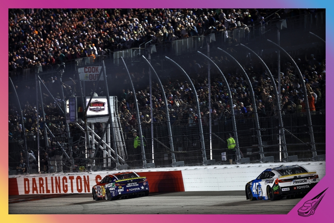 DARLINGTON, SOUTH CAROLINA - AUGUST 31: Chase Briscoe, driver of the #19 Bass Pro Shops Toyota, takes the checkered flag ahead of Tyler Reddick, driver of the #45 Pinnacle Toyota, to win the NASCAR Cup Series Cook Out Southern 500 at Darlington Raceway on August 31, 2025 in Darlington, South Carolina. (Photo by Jared C. Tilton/Getty Images)