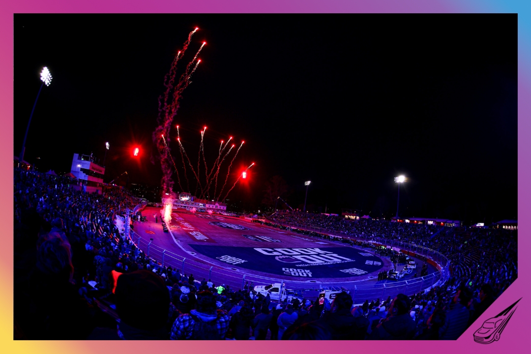 WINSTON SALEM, NORTH CAROLINA - FEBRUARY 04: A general view of fireworks pre-race ceremonies prior to the Cook Out Clash at Bowman Gray Stadium at Bowman Gray Stadium on February 04, 2026 in Winston Salem, North Carolina. (Photo by Jonathan Bachman/Getty Images)