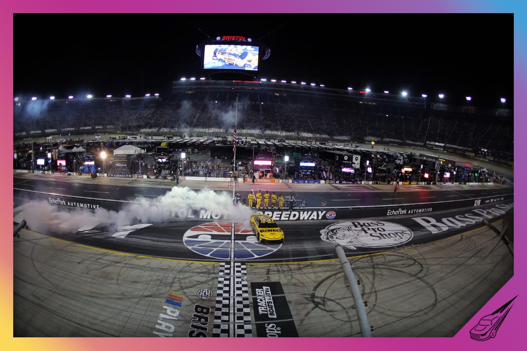BRISTOL, TENNESSEE - SEPTEMBER 13: Christopher Bell, driver of the #20 DEWALT Toyota, celebrates with a burnout after winning the NASCAR Cup Series Bass Pro Shops Night Race at Bristol Motor Speedway on September 13, 2025 in Bristol, Tennessee. (Photo by Jonathan Bachman/Getty Images)