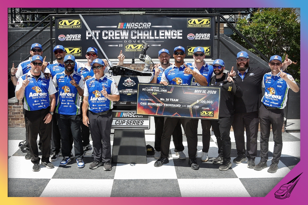 DOVER, DELAWARE - MAY 16: The pit crew of the #38 Aaron's Rent To Own Ford, celebrate in victory lane after winning the NASCAR Cup Series All-Star Pit Crew Challenge at Dover Motor Speedway on May 16, 2026 in Dover, Delaware. (Photo by Sean Gardner/Getty Images)