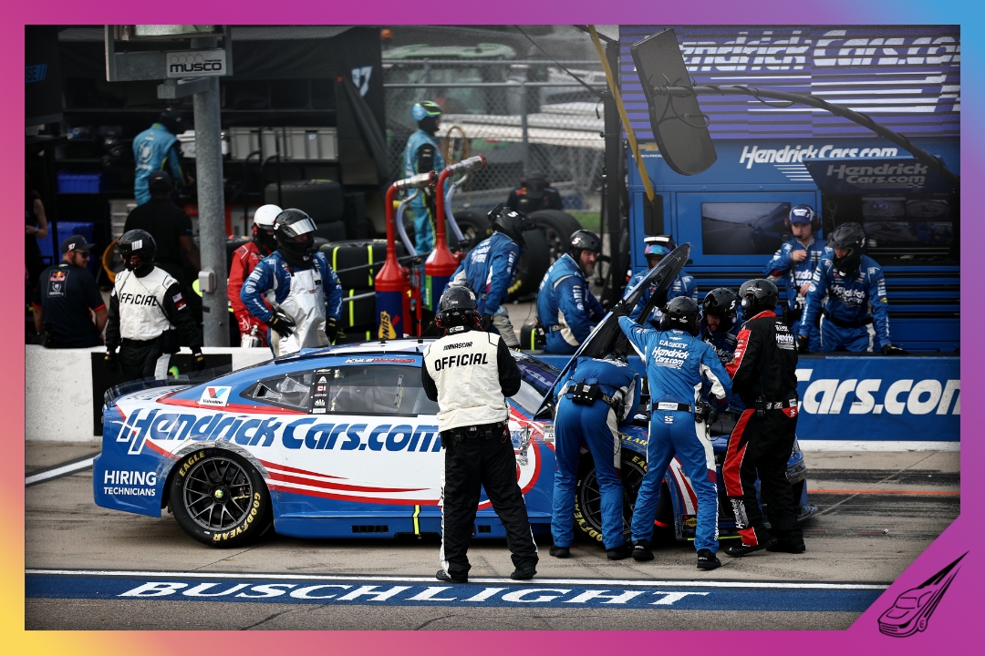 NEWTON, IOWA - AUGUST 09: Kyle Larson, driver of the #5 HendrickCars.com Chevrolet, pits during the NASCAR Cup Series Iowa Corn 350 Powered by Ethanol at Iowa Speedway on August 09, 2026 in Newton, Iowa. (Photo by Chris Graythen/Getty Images)
